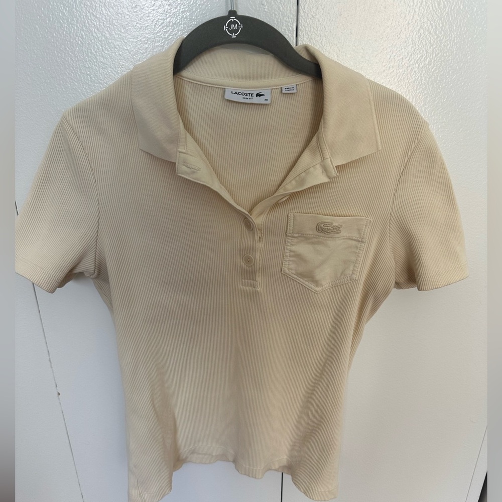 Lacoste Short Sleeve Cream Ribbed Polo with Pocket